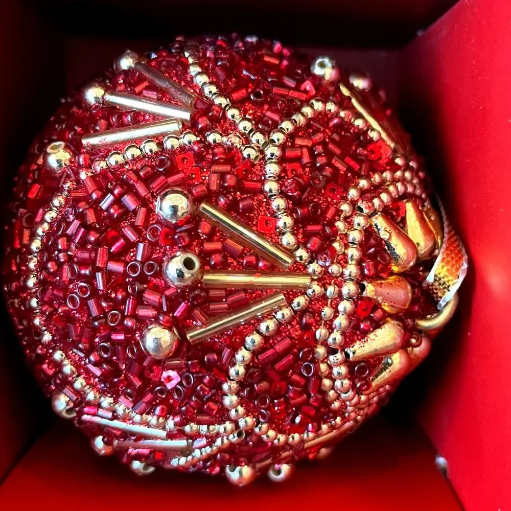 Bella Lux Red Gold Beaded Christmas Ornaments 2.5in Set of 6 Holiday Glam NEW